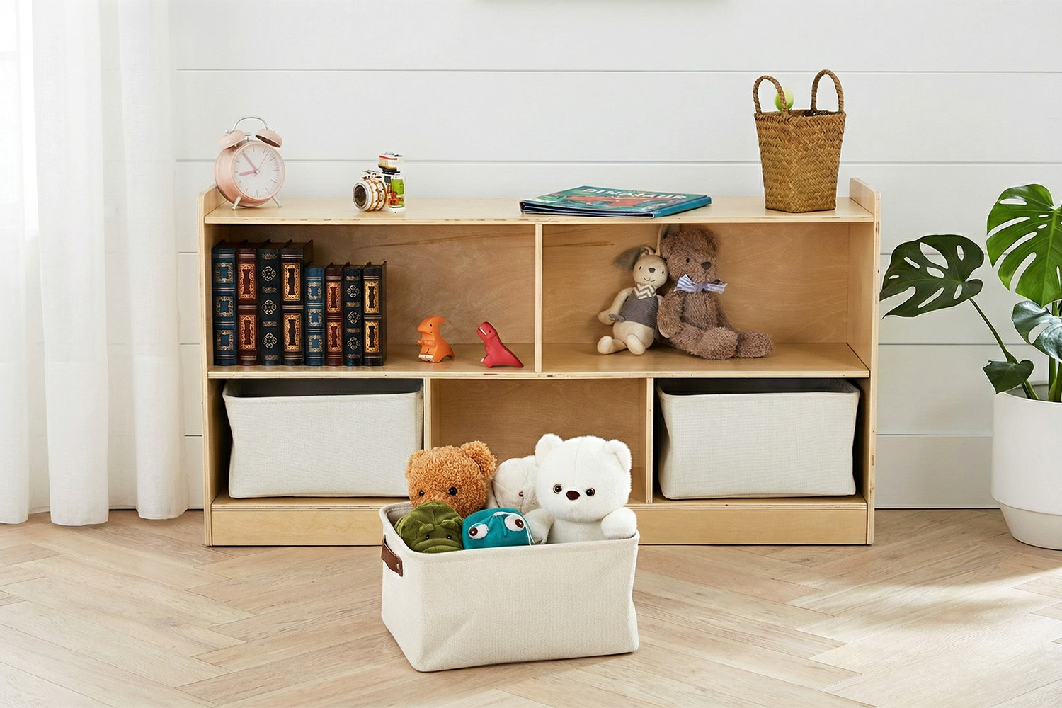 Labebe natural wood Montessori shelf with fabric storage bins for books and toys